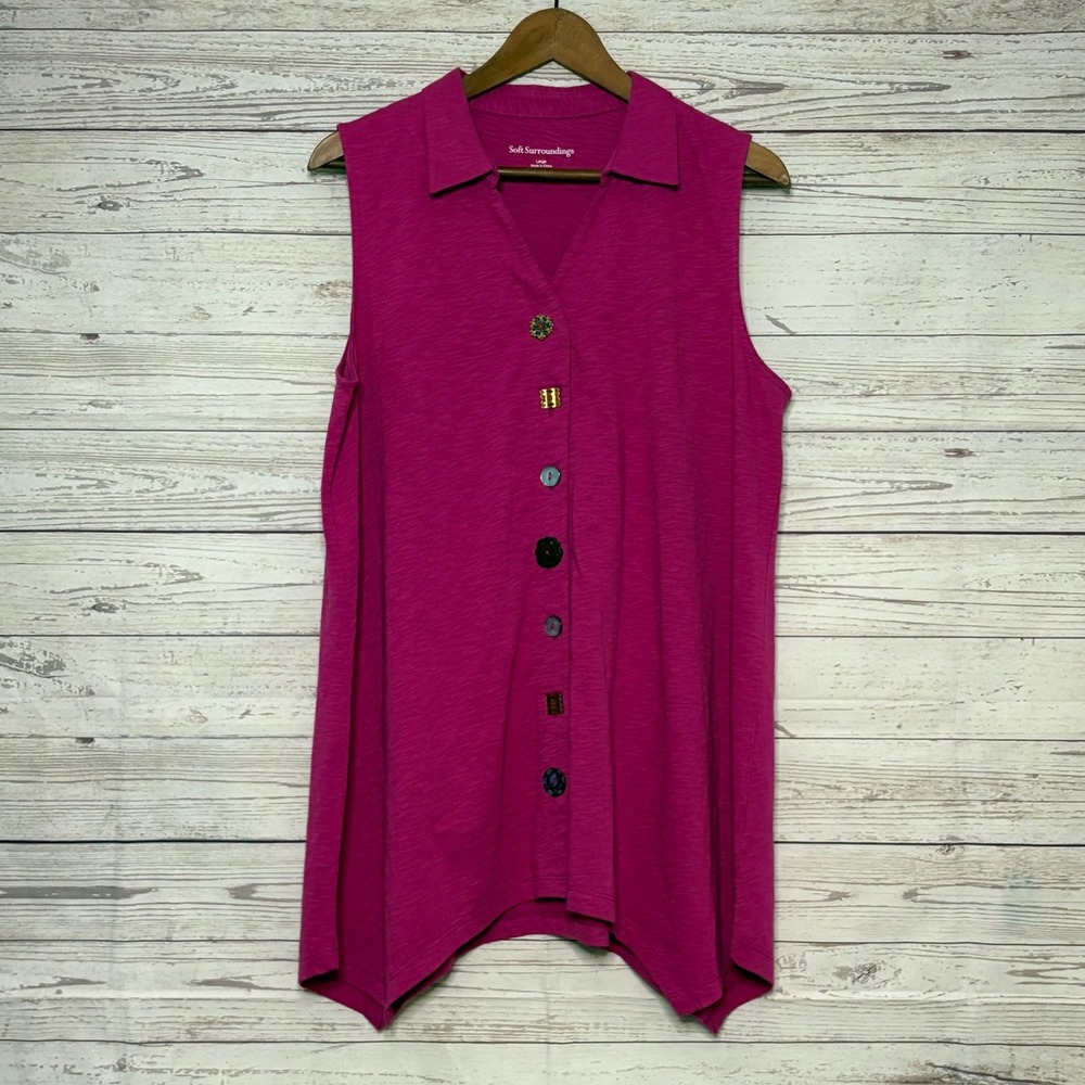 Soft Surroundings Magenta‎ Pink Cotton Slub Multi Button Sharkbite Tunic Top